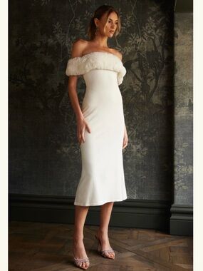 Meshki Ivory One-Shoulder Midi Dress with Faux Fur Trim